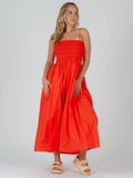 Poplin Orange Smocked Midi Dress