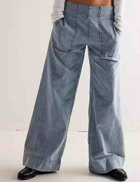 Elastic Waist Pocket Wide Leg Denim Pants