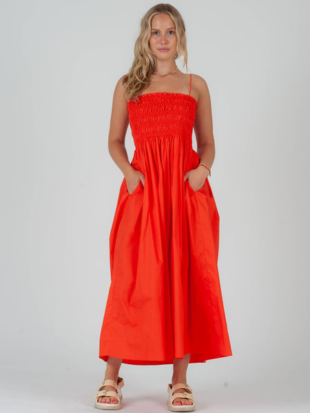 Poplin Orange Smocked Midi Dress