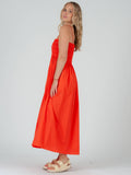 Poplin Orange Smocked Midi Dress